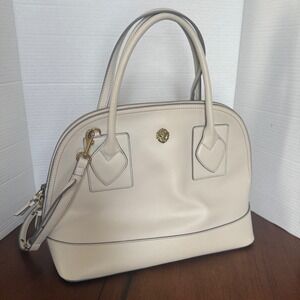 Anne Klein Satchel Handbag Cream Leather Dome Top Zip Closure Gold Tone Logo EUC